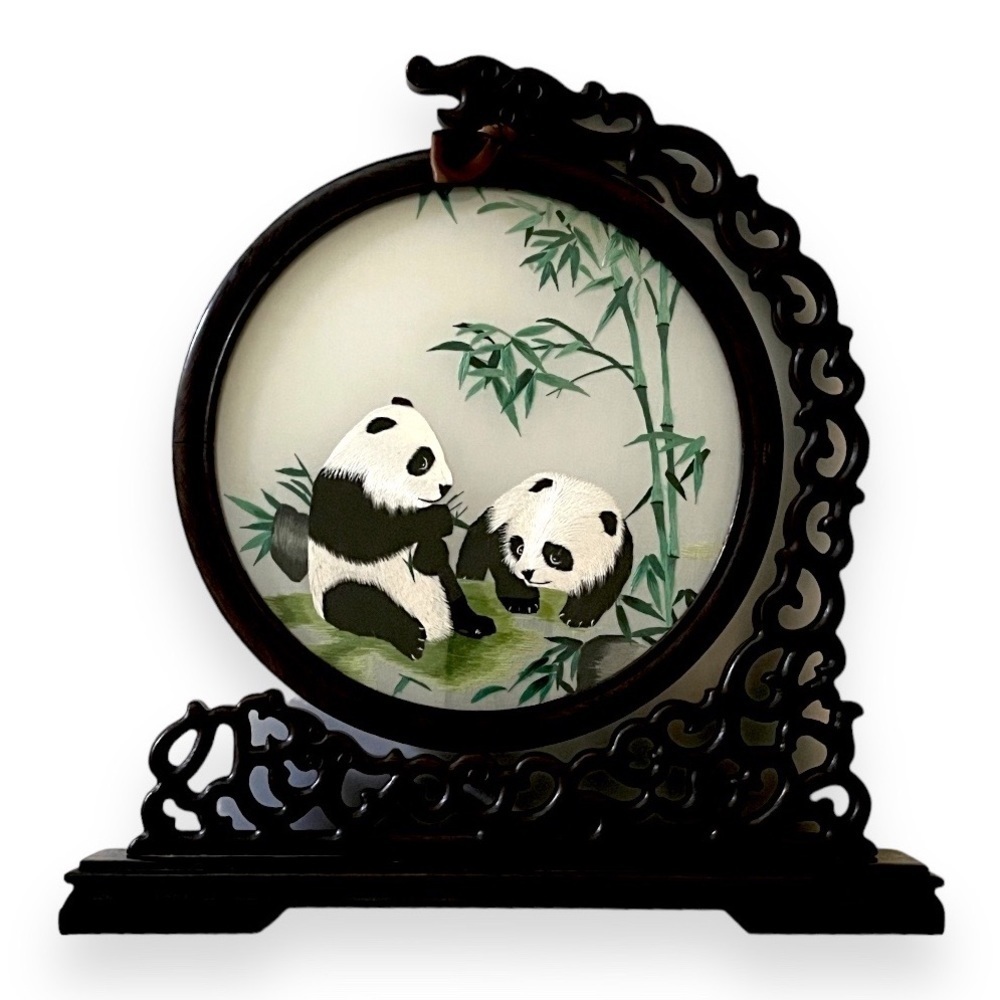 Chinese Panda Suzhou Table Silk Embroidery Double‎ Sided Wooden Screen